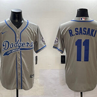 Men's Los Angeles Dodgers #11 Roki Sasaki Gray With Patch Cool Base Stitched Baseball Jersey