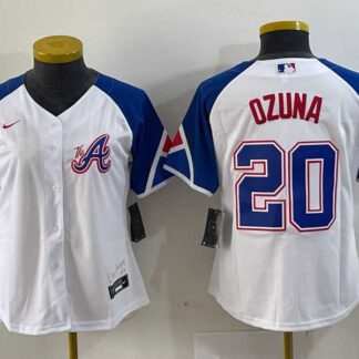 Youth Atlanta Braves #20 Marcell Ozuna Number White 2023 City Connect Cool Base Stitched Jersey