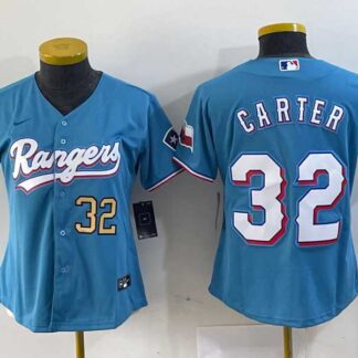 Women's Texas Rangers #32 Evan Carter Light Blue Team Logo Cool Base Jerseys