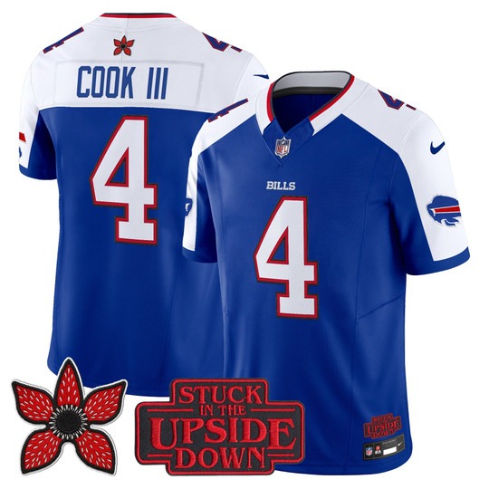 Men's & Women's & Youth Buffalo Bills #4 James Cook III Royal White F.U.S.E. 2025 'Stranger Things Edition' Vapor L...