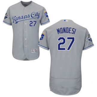 Men's Kansas City Royals #27 Raul A. Mondesi Gray Road Stitched MLB 2016 Majestic Flex Base Jersey with 2015 World...