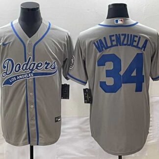 Men's Los Angeles Dodgers #34 Fernando Valenzuela Grey With Patch Cool Base Stitched Jersey