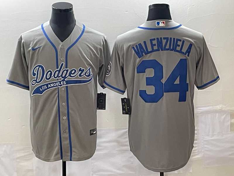 Men's Los Angeles Dodgers #34 Fernando Valenzuela Grey With Patch Cool Base Stitched Jersey
