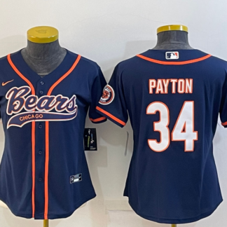 Women's Chicago Bears #34 Walter Payton Navy With Patch Cool Base Stitched Baseball Jersey