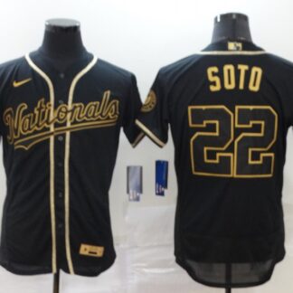 Men's Washington Nationals #22 Juan Soto Black With Gold Stitched MLB Flex Base Nike Jersey