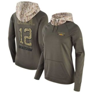 Women Nike Steelers 12 Terry Bradshaw Olive Salute To Service Pullover Hoodie