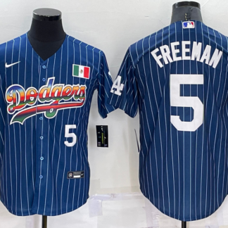 Mens Los Angeles Dodgers #5 Freddie Freeman Number Rainbow Blue Red Pinstripe Mexico Cool Base Nike Jersey