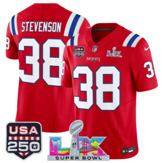 Youth New England Patriots #38 Rhamondre Stevenson Red 2025 F.U.S.E. Super Bowl LX Patch And USA 250' Patch Vapor L...