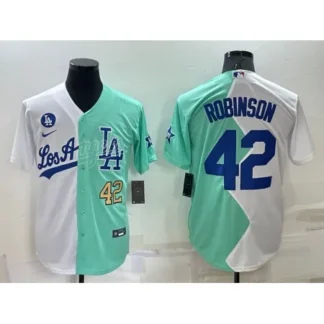 Men's Los Angeles Dodgers #42 Jackie Robinson 2022 All-Star White/Green Cool Base Stitched Baseball Jersey 65I7