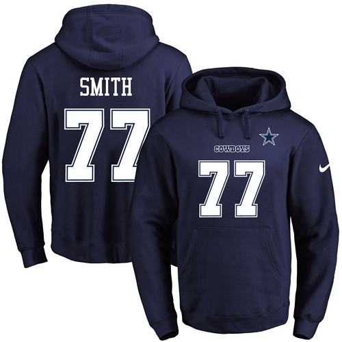 Printed Nike Dallas Cowboys #77 Tyron Smith Navy Name & Number Men's Pullover Hoodie