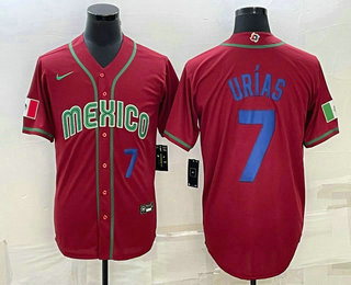 Men’s Mexico Baseball #7 Julio Urias Number 2023 Red Blue World Baseball Classic Stitched Jersey