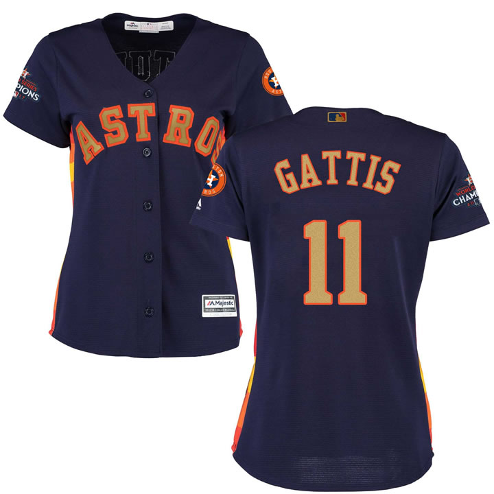 Women Astros #11 Evan Gattis Navy 2018 Gold Program Cool Base Jersey