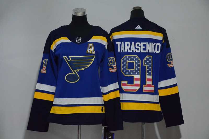 Women St. Louis Blues #91 Vladimir Tarasenko Blue USA Flag Adidas Stitched Jersey
