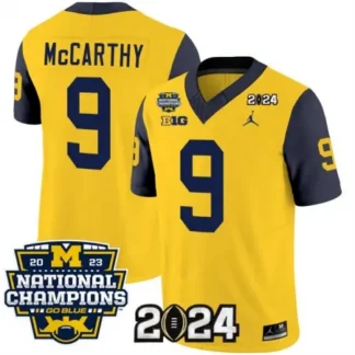Men's Michigan Wolverines #9 J.J. McCarthy Yellow/Navy 2024 F.U.S.E. With 2023 National Champions Patch Stitched Je...