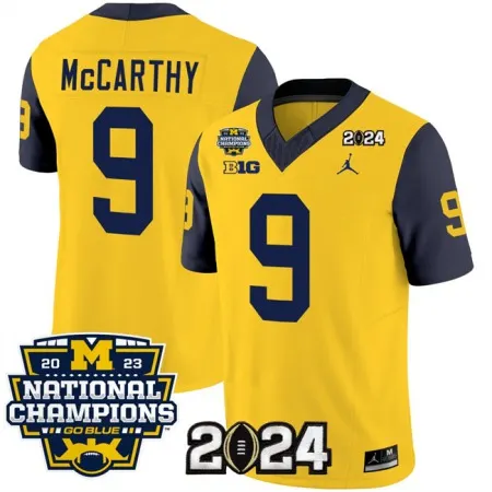 Men's Michigan Wolverines #9 J.J. McCarthy Yellow/Navy 2024 F.U.S.E. With 2023 National Champions Patch Stitched Je...