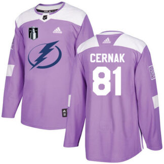 Adidas Tampa Bay Lightning #81 Erik Cernak Purple Authentic 2022 Stanley Cup Final Patch Youth Fights Cancer Stitch...