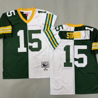 Men's Green Bay Packers #15 Bart Starr Split Green White 'MN' 1969 Throwback Stitched Football Jersey