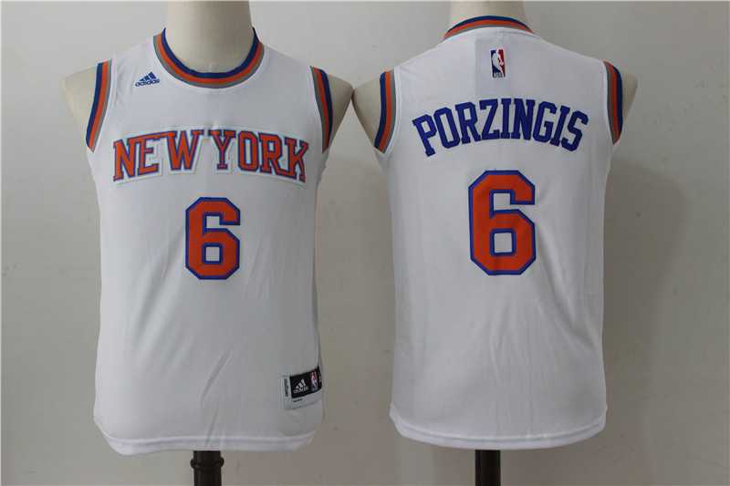 Youth New York Knicks #6 Kristaps Porzingis White Swingman Stitched Jersey