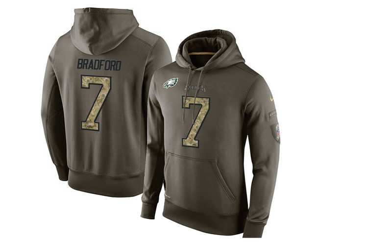 Glued Nike Philadelphia Eagles #7 Sam Bradford Olive Green Salute To Service Men's Pullover Hoodie
