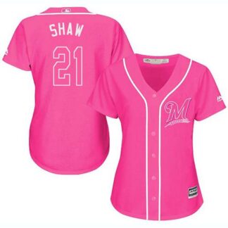 Milwaukee Brewers #21 Travis Shaw Pink Fashion Women’s Stitched MLB Jersey