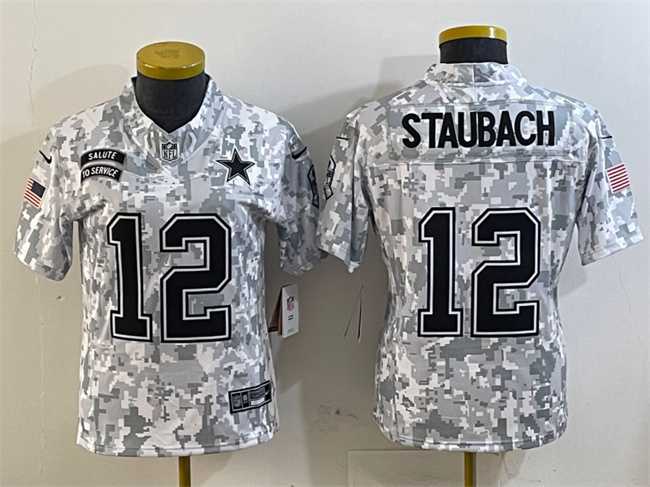 Women's Dallas Cowboys #12 Roger Staubach 2024 F.U.S.E Arctic Camo Salute To Service Limited Stitched Jersey Dzhi