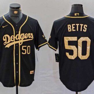 Men's Los Angeles Dodgers #50 Mookie Betts Number Black Gold World Series Champions Cool Base Stitched Jersey